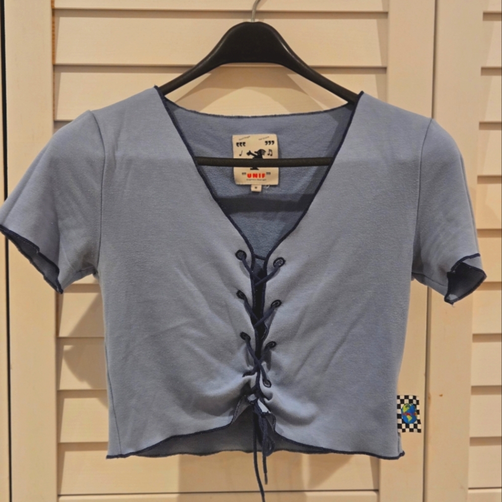 UNIF Blue and Navy Laced Up Ruched Crop Top Blouse
